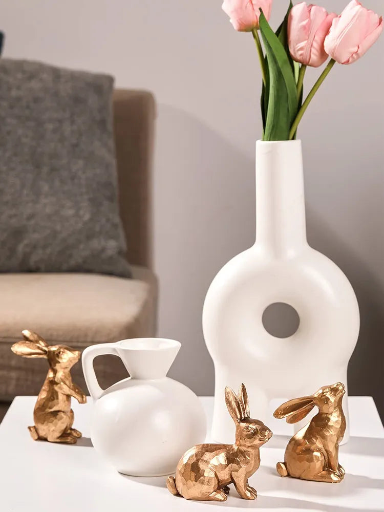 DN DECONATION Golden Polyresin Bunny Decor Rabbit Figurines, Easter Bunny Statue Set of 3 for Spring Tabletop Decor